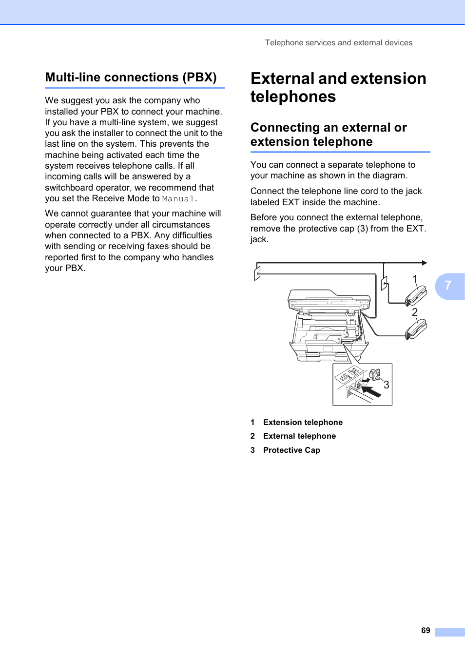 Multi-line connections (pbx), External and extension telephones, Connecting an external or extension telephone | 7multi-line connections (pbx) | Brother MFC-J6720DW User Manual | Page 83 / 219