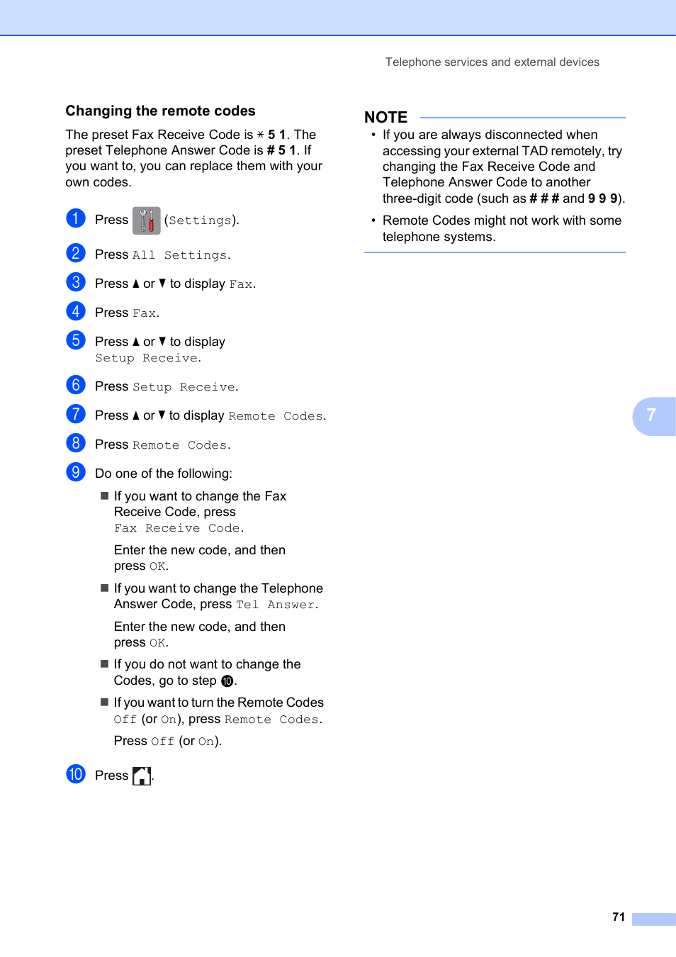 Changing the remote codes | Brother MFC-J6720DW User Manual | Page 85 / 219