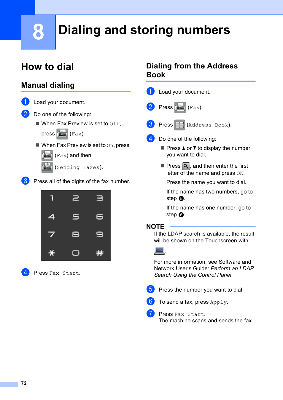 8 dialing and storing numbers, How to dial, Manual dialing | Dialing from the address book, Dialing and storing numbers, Manual dialing dialing from the address book | Brother MFC-J6720DW User Manual | Page 86 / 219