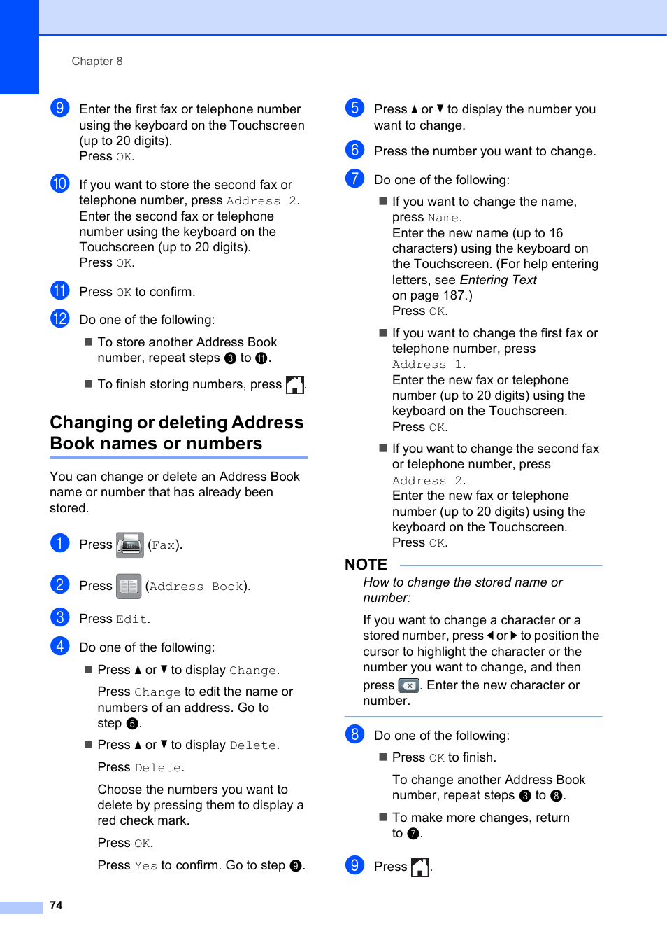 Changing or deleting address book names or numbers | Brother MFC-J6720DW User Manual | Page 88 / 219