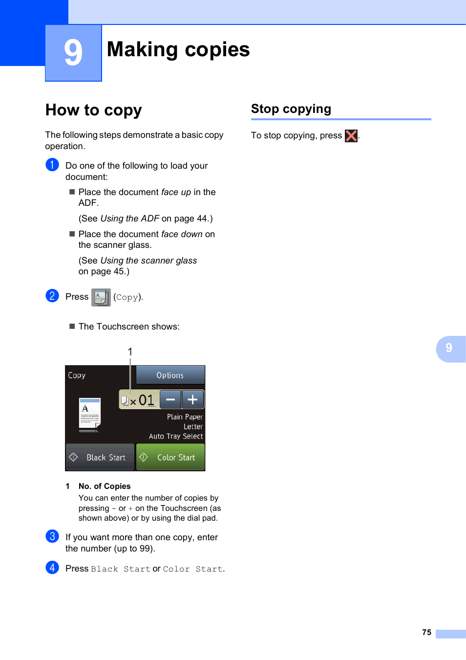 9 making copies, How to copy, Stop copying | Making copies | Brother MFC-J6720DW User Manual | Page 89 / 219