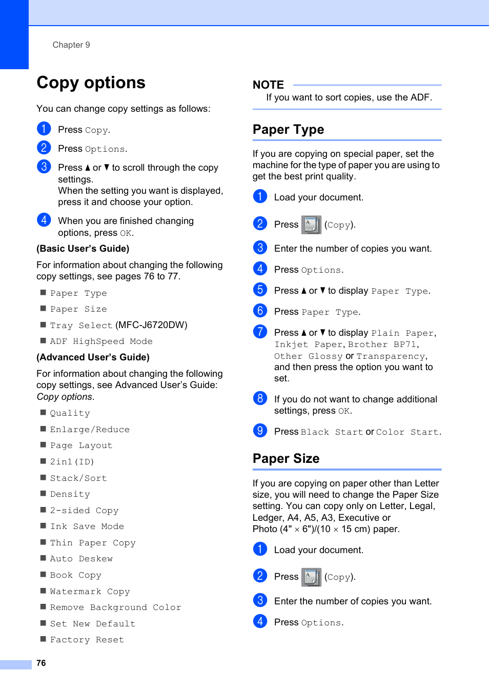 Copy options, Paper type, Paper size | Paper type paper size | Brother MFC-J6720DW User Manual | Page 90 / 219