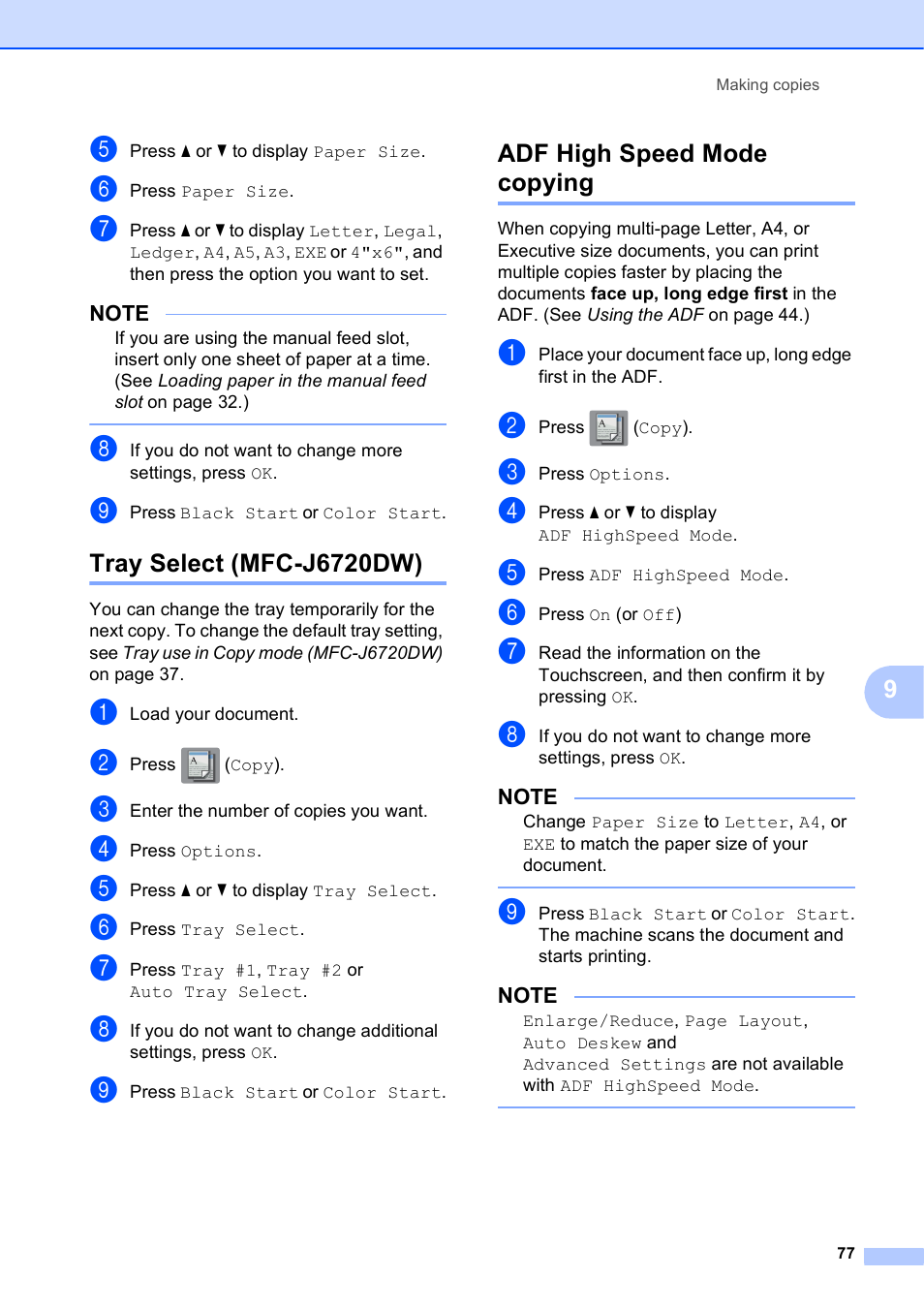 Tray select (mfc-j6720dw), Adf high speed mode copying | Brother MFC-J6720DW User Manual | Page 91 / 219