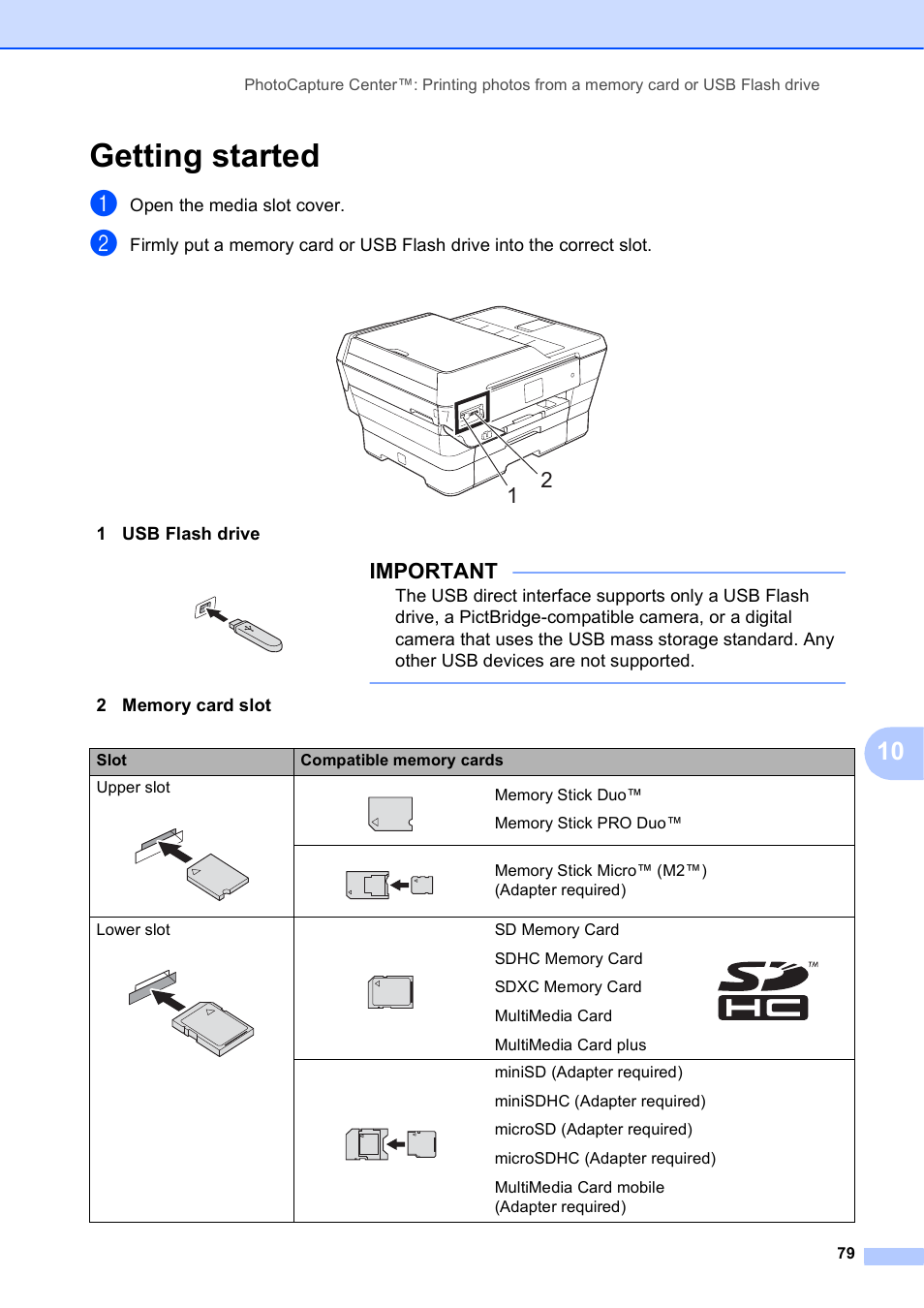 Getting started, Important, Open the media slot cover | 1 usb flash drive | Brother MFC-J6720DW User Manual | Page 93 / 219