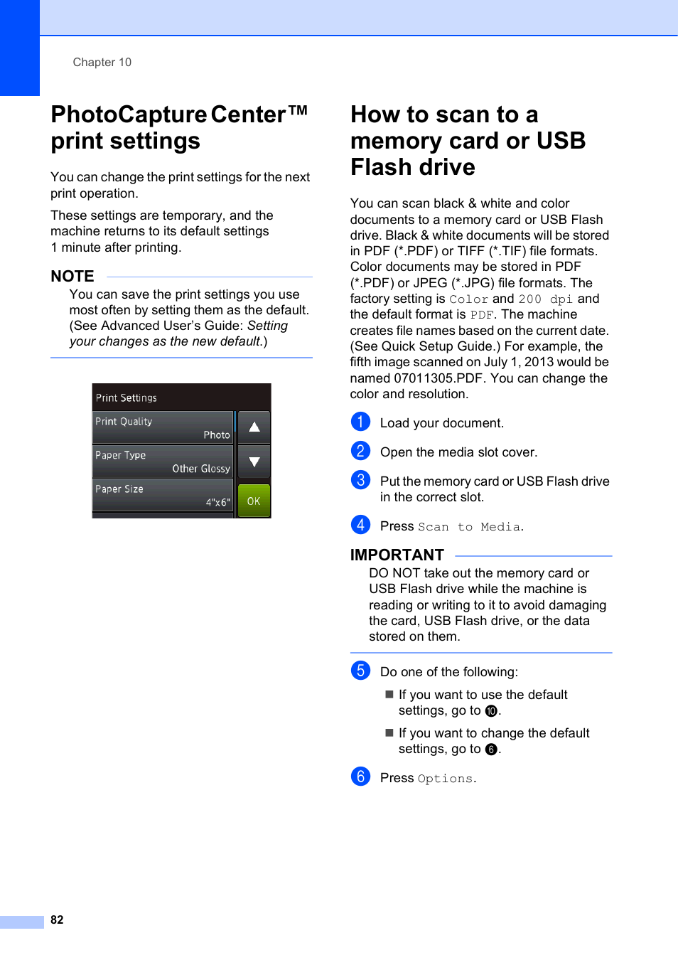 Photocapture center™ print settings, How to scan to a memory card or usb flash drive | Brother MFC-J6720DW User Manual | Page 96 / 219