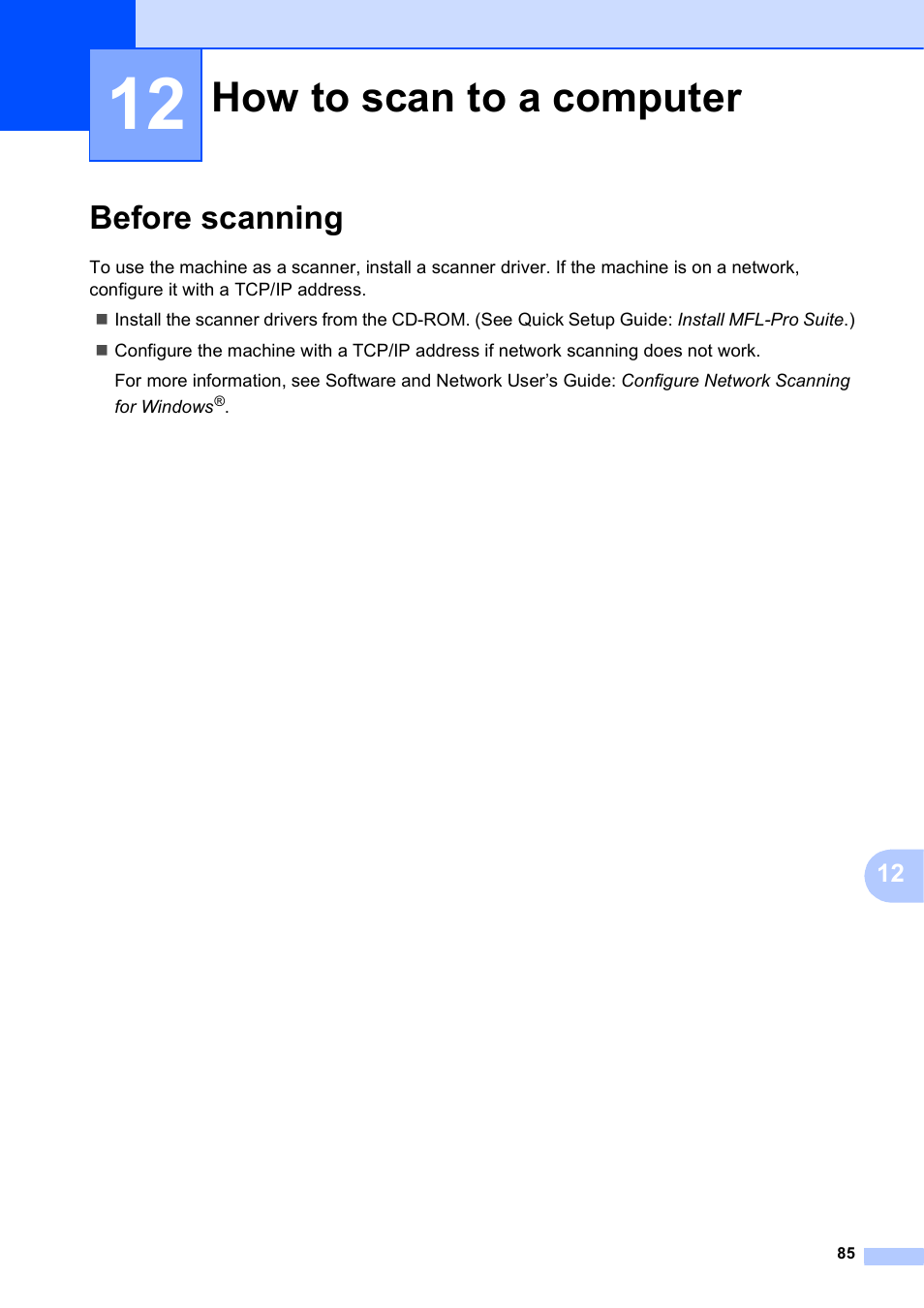 12 how to scan to a computer, Before scanning, How to scan to a computer | Brother MFC-J6720DW User Manual | Page 99 / 219