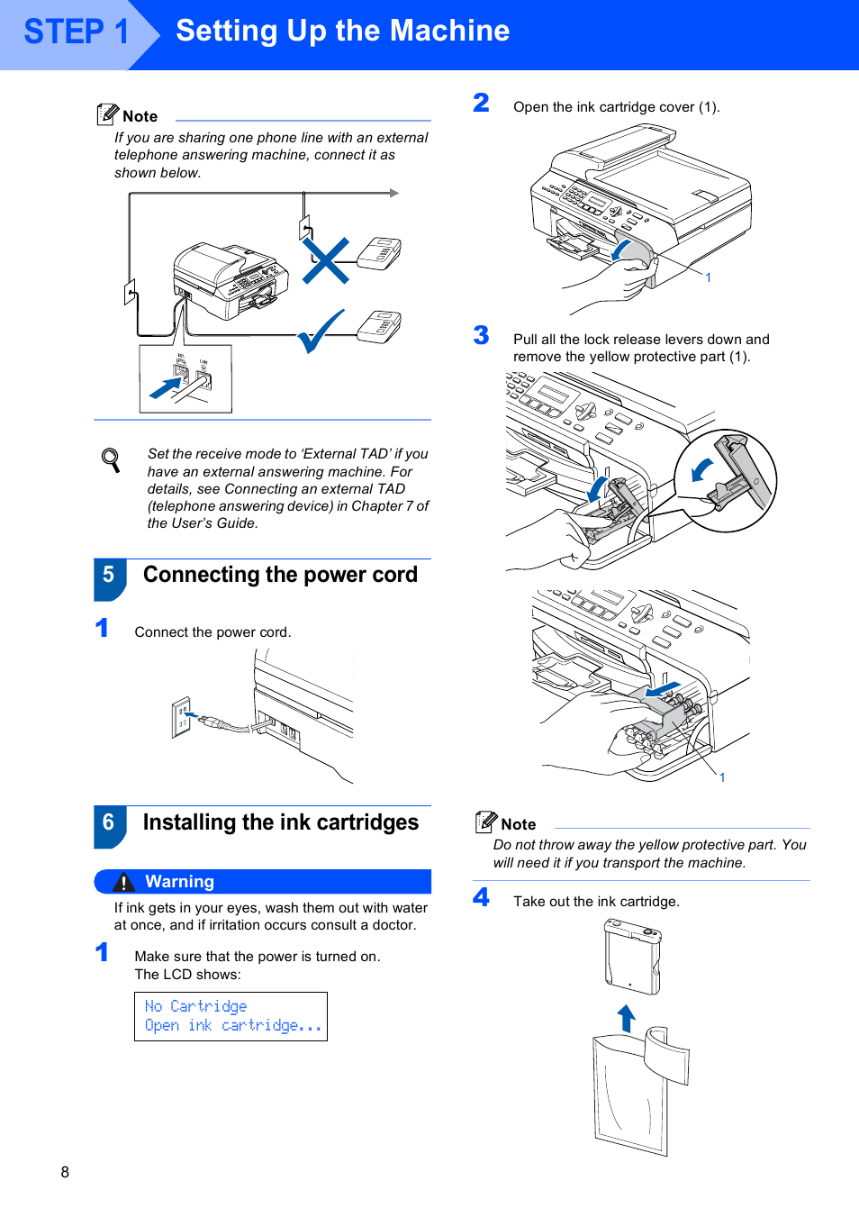 5 connecting the power cord, 6 installing the ink cartridges, Step 1 | Setting up the machine, 5connecting the power cord, 6installing the ink cartridges, No cartridge open ink cartridge, Warning | Brother MFC-5860CN User Manual | Page 10 / 34