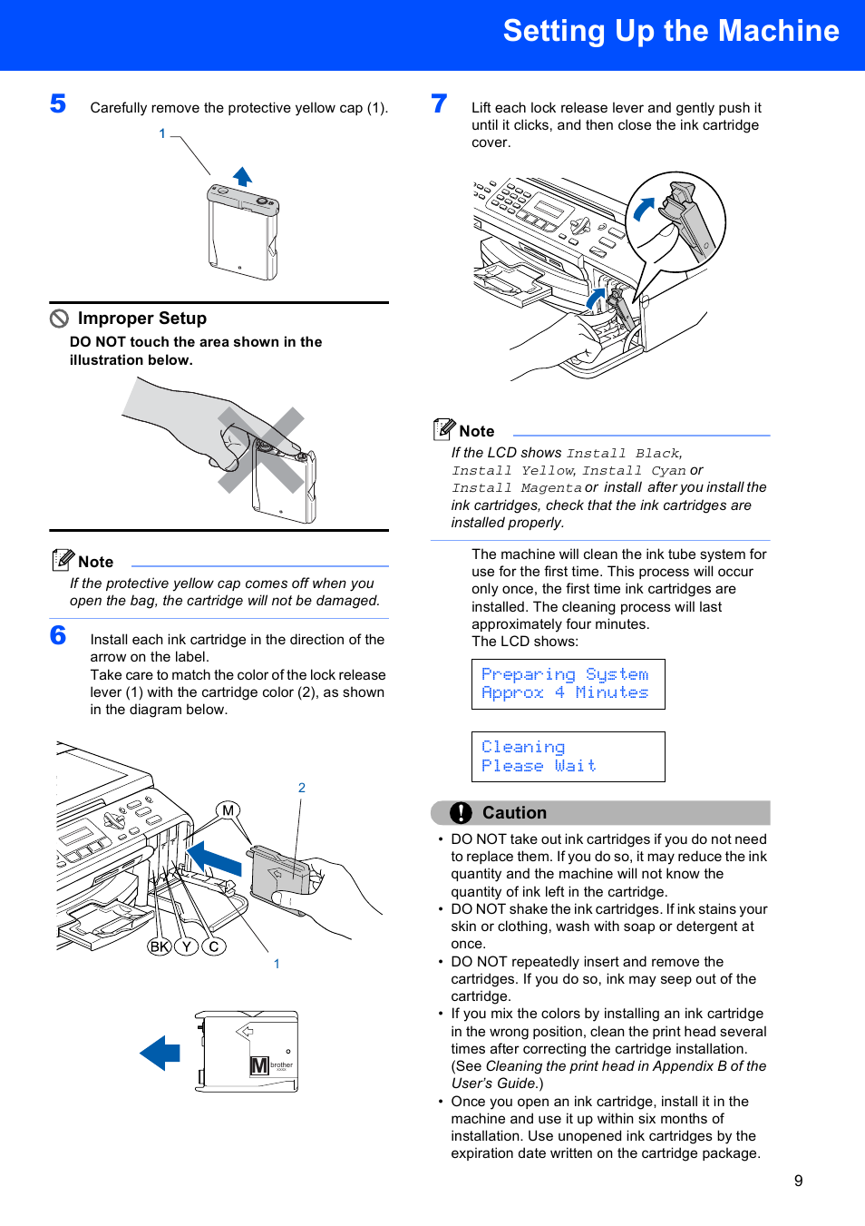 Setting up the machine, Preparing system approx 4 minutes, Cleaning please wait | Improper setup, Caution | Brother MFC-5860CN User Manual | Page 11 / 34