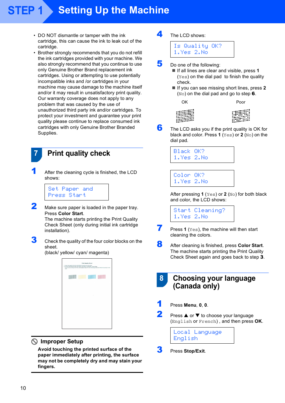 7 print quality check, 8 choosing your language (canada only), Step 1 | Setting up the machine, 7print quality check, 8choosing your language (canada only) | Brother MFC-5860CN User Manual | Page 12 / 34