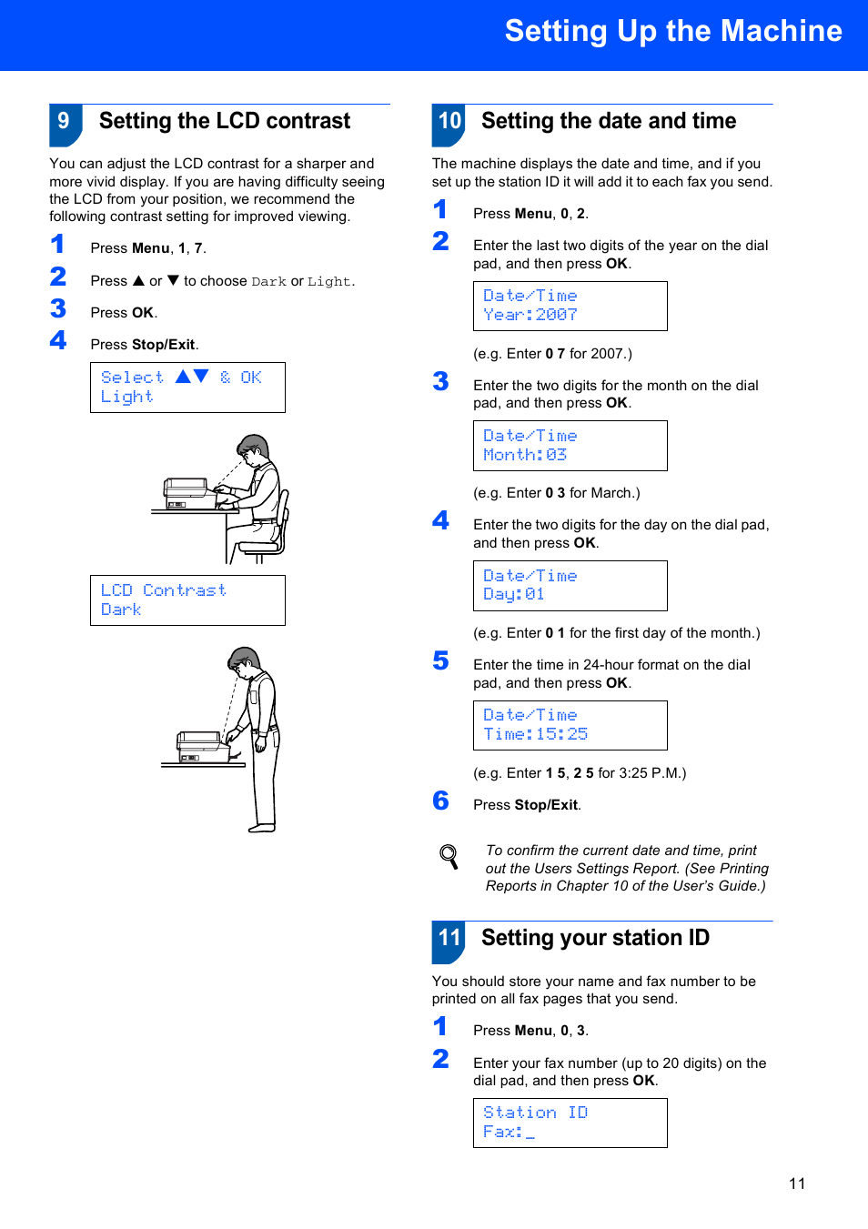 9 setting the lcd contrast, 10 setting the date and time, 11 setting your station id | Setting up the machine, 9setting the lcd contrast | Brother MFC-5860CN User Manual | Page 13 / 34