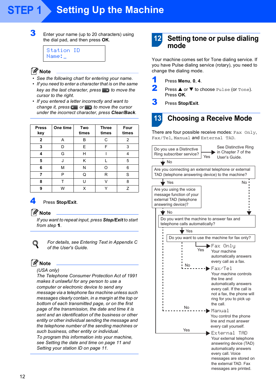 12 setting tone or pulse dialing mode, 13 choosing a receive mode, Step 1 | Setting up the machine, Station id name | Brother MFC-5860CN User Manual | Page 14 / 34