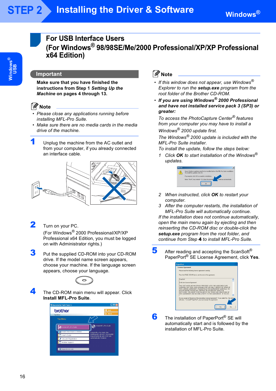 Windows, For usb interface users (for windows, For usb interface users | For windows, Step 2, Installing the driver & software, Important | Brother MFC-5860CN User Manual | Page 18 / 34