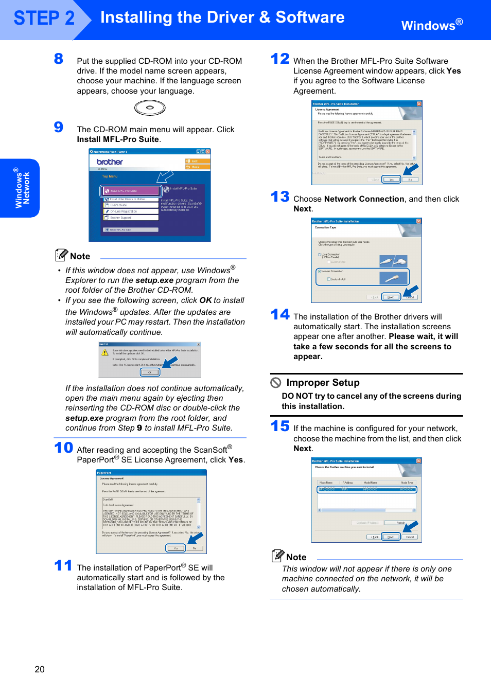 Step 2, Installing the driver & software, Windows | Improper setup | Brother MFC-5860CN User Manual | Page 22 / 34