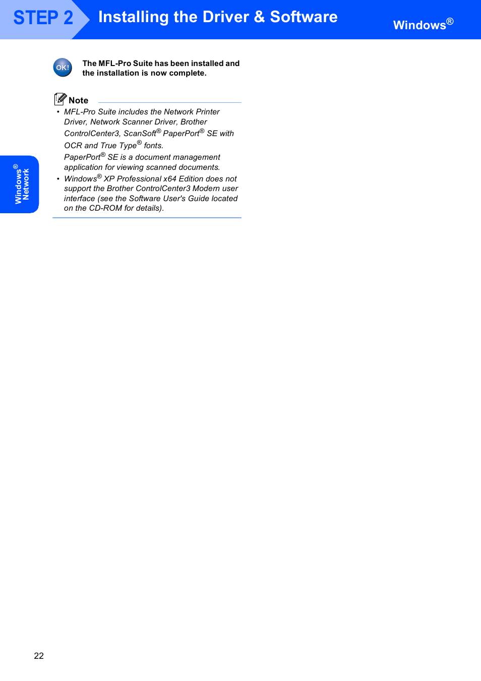Step 2, Installing the driver & software, Windows | Brother MFC-5860CN User Manual | Page 24 / 34