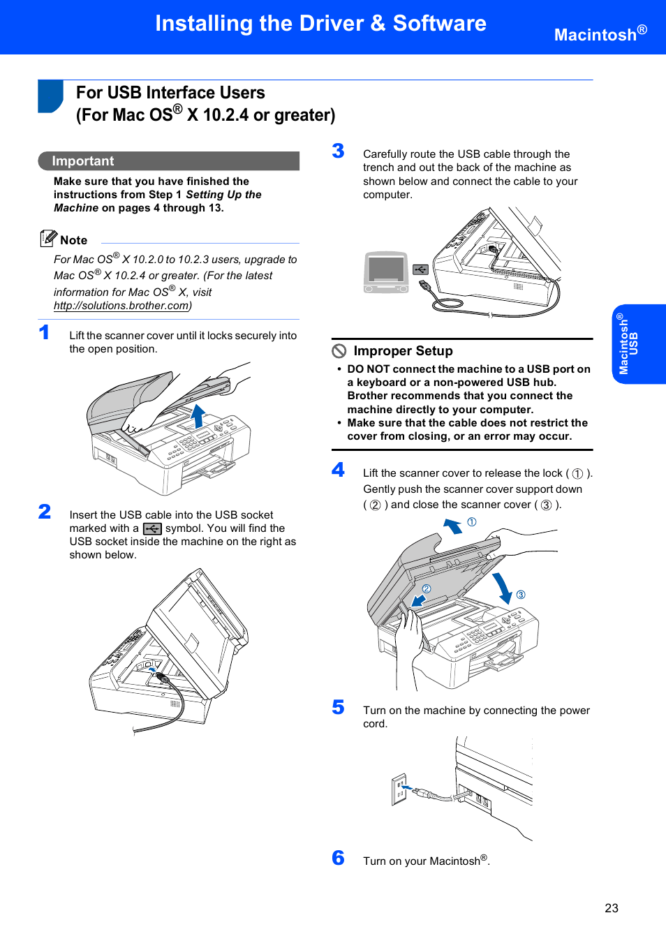 Macintosh, For usb interface users (for mac os, X 10.2.4 or greater) | For usb interface users, For mac os, Installing the driver & software, Important, Improper setup | Brother MFC-5860CN User Manual | Page 25 / 34