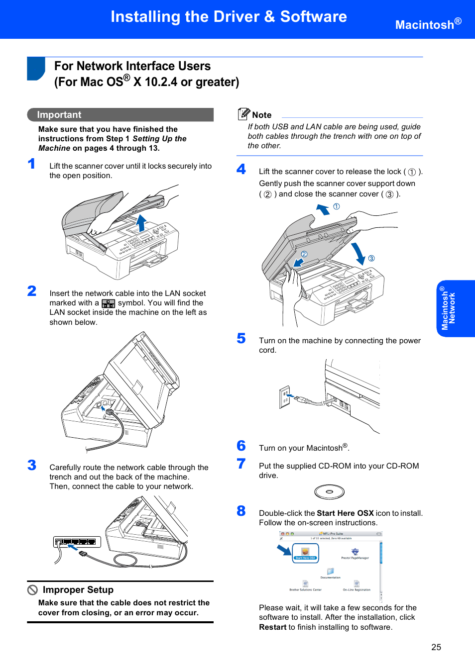 For network interface users (for mac os, X 10.2.4 or greater), For network interface users | For mac os, Installing the driver & software, Macintosh, Important, Improper setup | Brother MFC-5860CN User Manual | Page 27 / 34