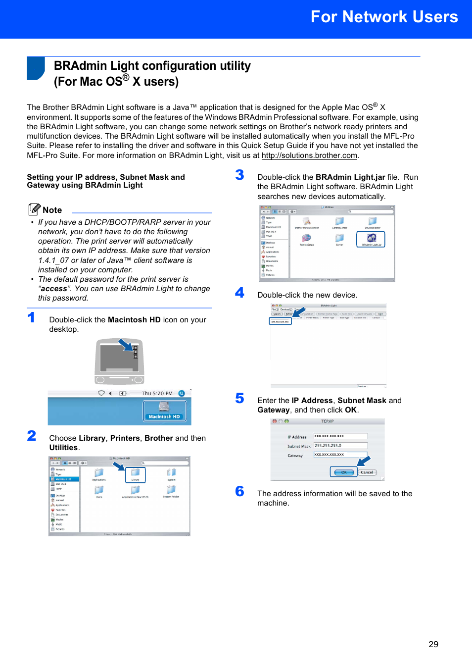 Bradmin light configuration utility (for mac os, X users), For network users | Brother MFC-5860CN User Manual | Page 31 / 34