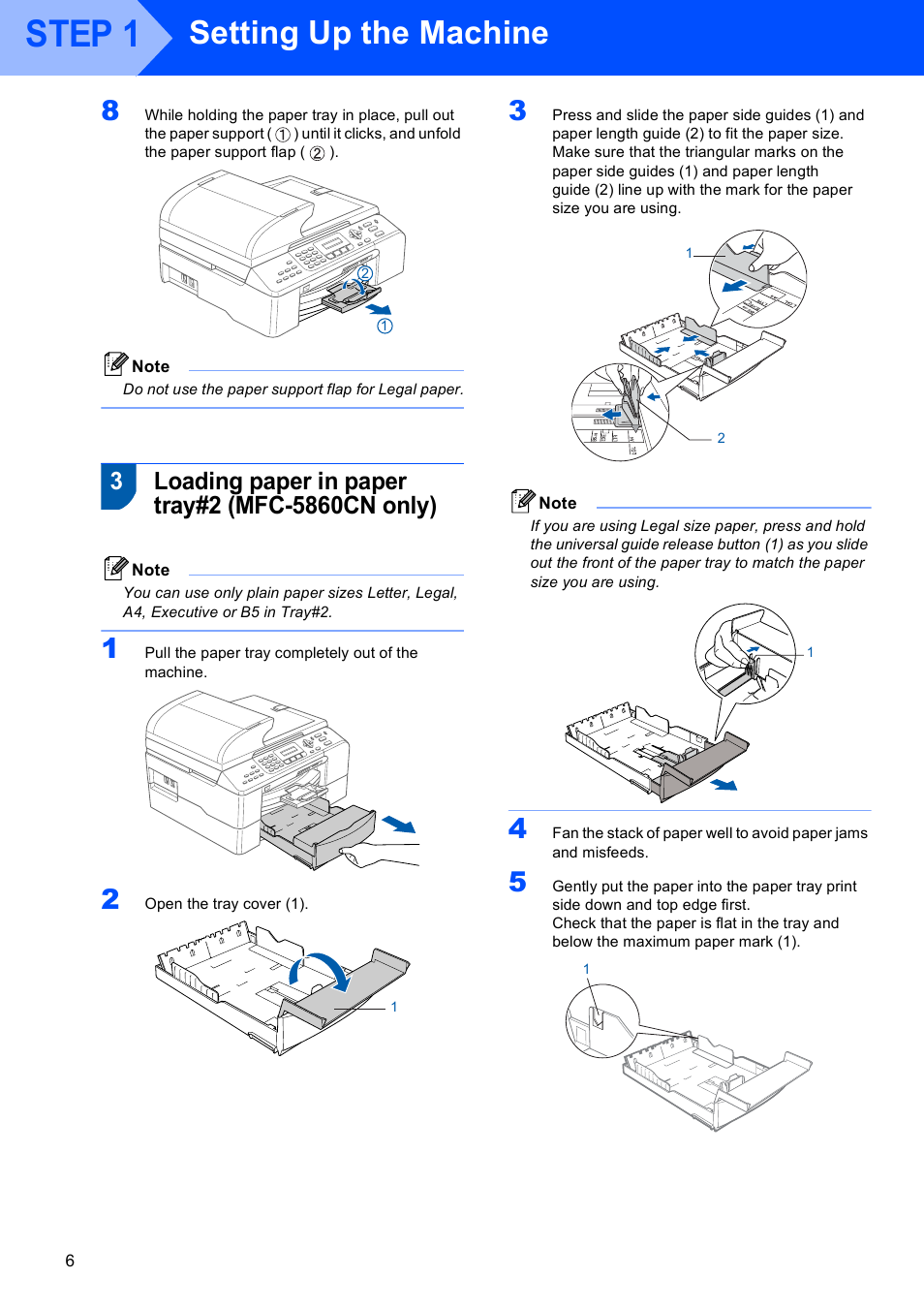 3 loading paper in paper tray#2 (mfc-5860cn only), Loading paper in paper tray#2 (mfc-5860cn only), Step 1 | Setting up the machine | Brother MFC-5860CN User Manual | Page 8 / 34