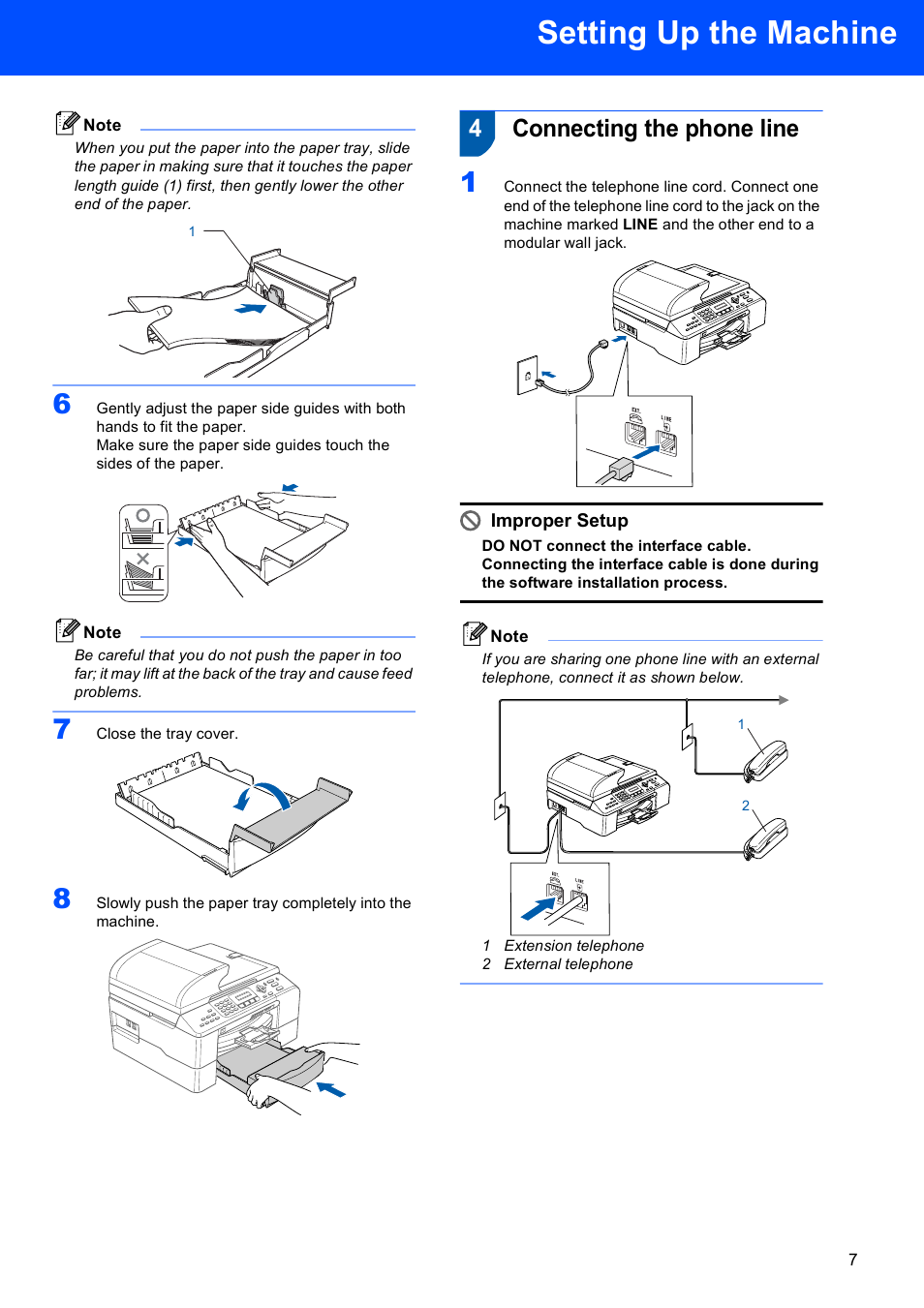 4 connecting the phone line, Connecting the phone line, Setting up the machine | 4connecting the phone line, Improper setup | Brother MFC-5860CN User Manual | Page 9 / 34