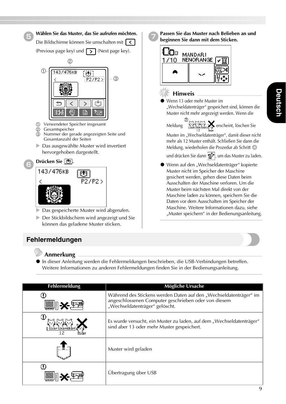 Deuts ch, Fehlermeldungen, Hinweis | Anmerkung | Brother PE-700II 750DUSB User Manual | Page 11 / 40