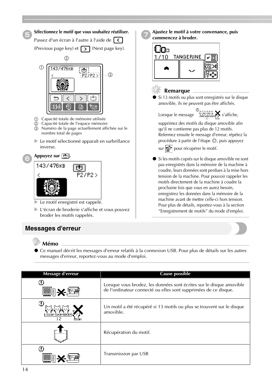 Messages d'erreur, Remarque, Mémo | Brother PE-700II 750DUSB User Manual | Page 16 / 40