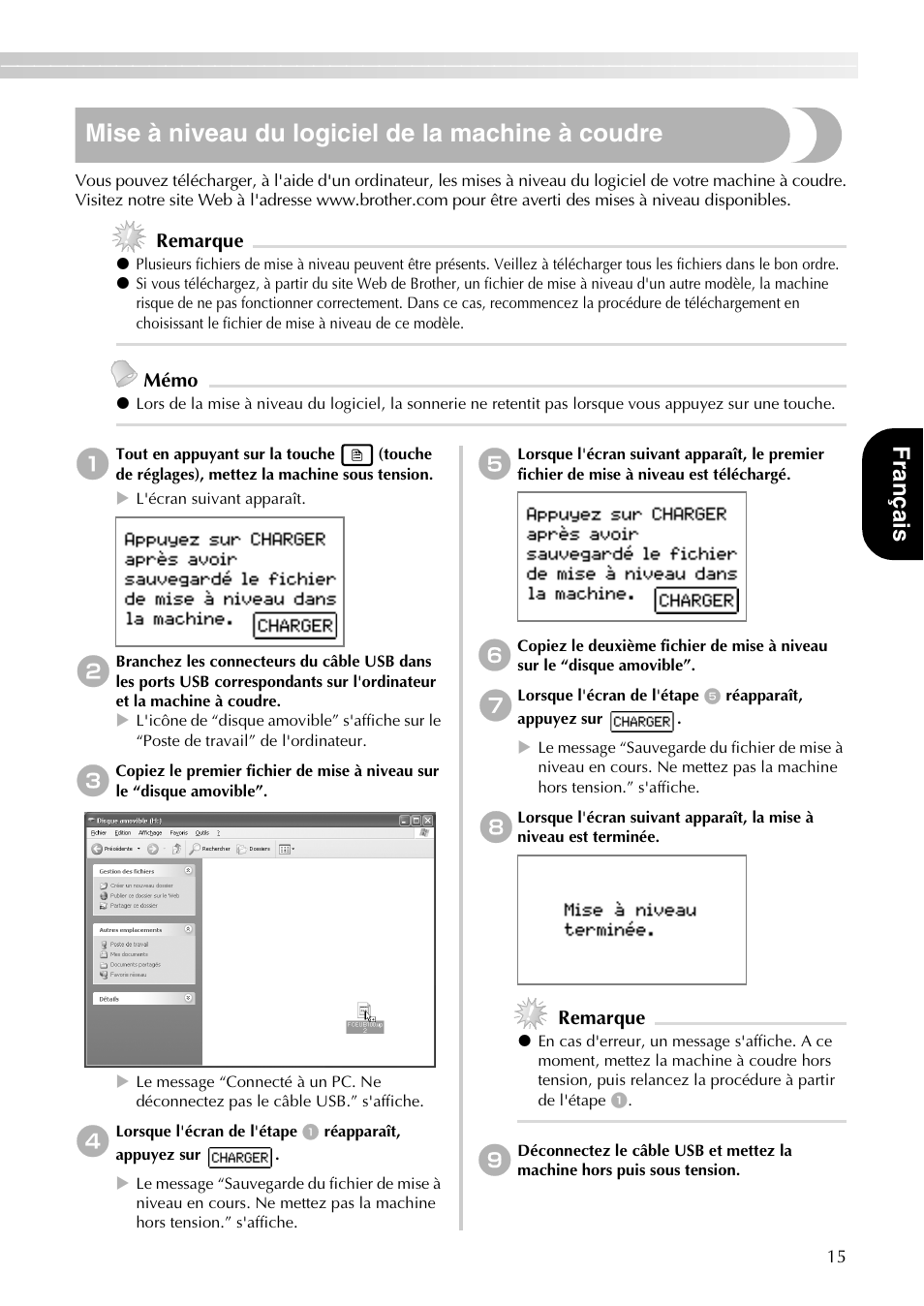 Mise à niveau du logiciel de la machine à coudre, Franç ais, Remarque | Mémo | Brother PE-700II 750DUSB User Manual | Page 17 / 40