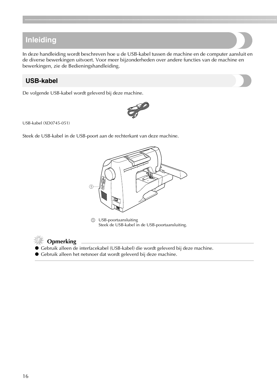 Inleiding, Usb-kabel | Brother PE-700II 750DUSB User Manual | Page 18 / 40