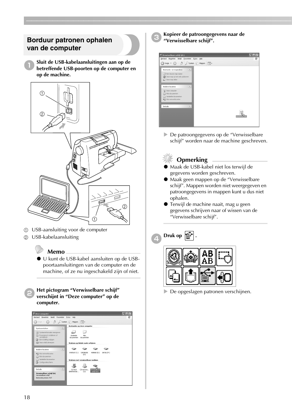 Borduur patronen ophalen van de computer, Opmerking | Brother PE-700II 750DUSB User Manual | Page 20 / 40