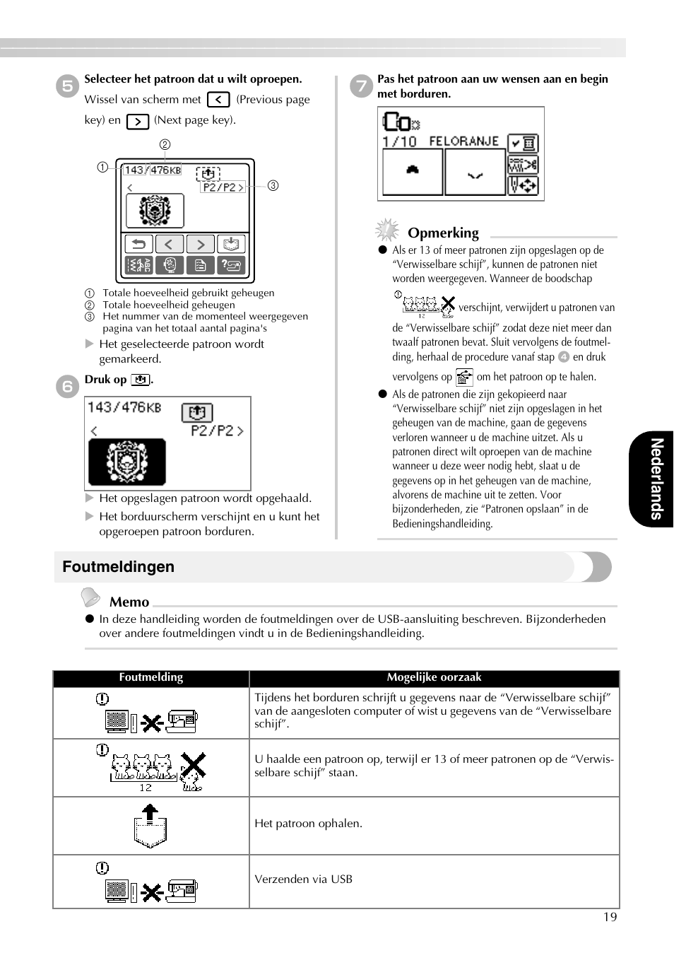 Nederlan d s, Foutmeldingen, Opmerking | Brother PE-700II 750DUSB User Manual | Page 21 / 40