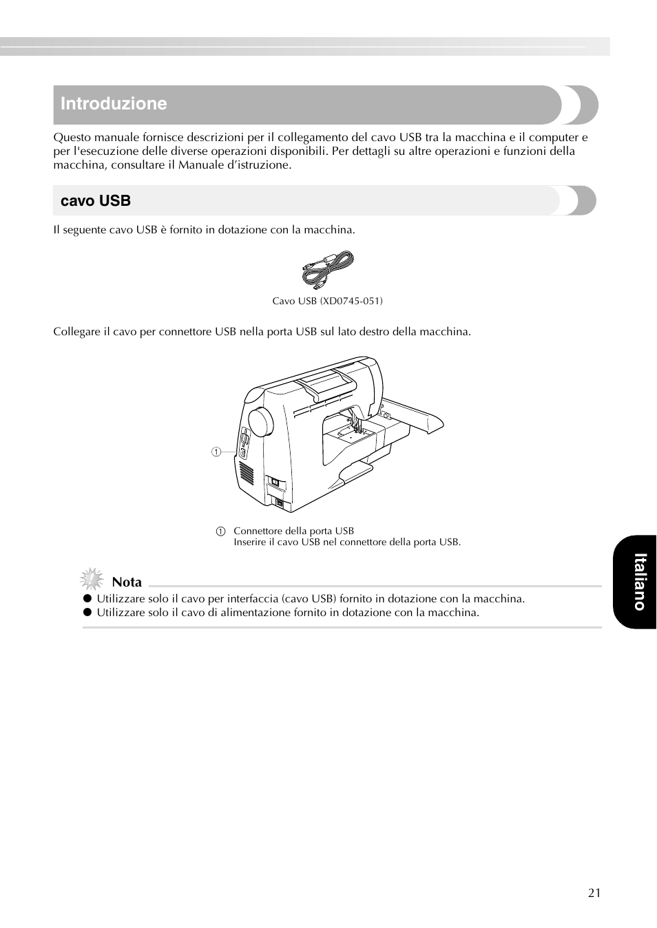 Introduzione, Italian o, Cavo usb | Brother PE-700II 750DUSB User Manual | Page 23 / 40