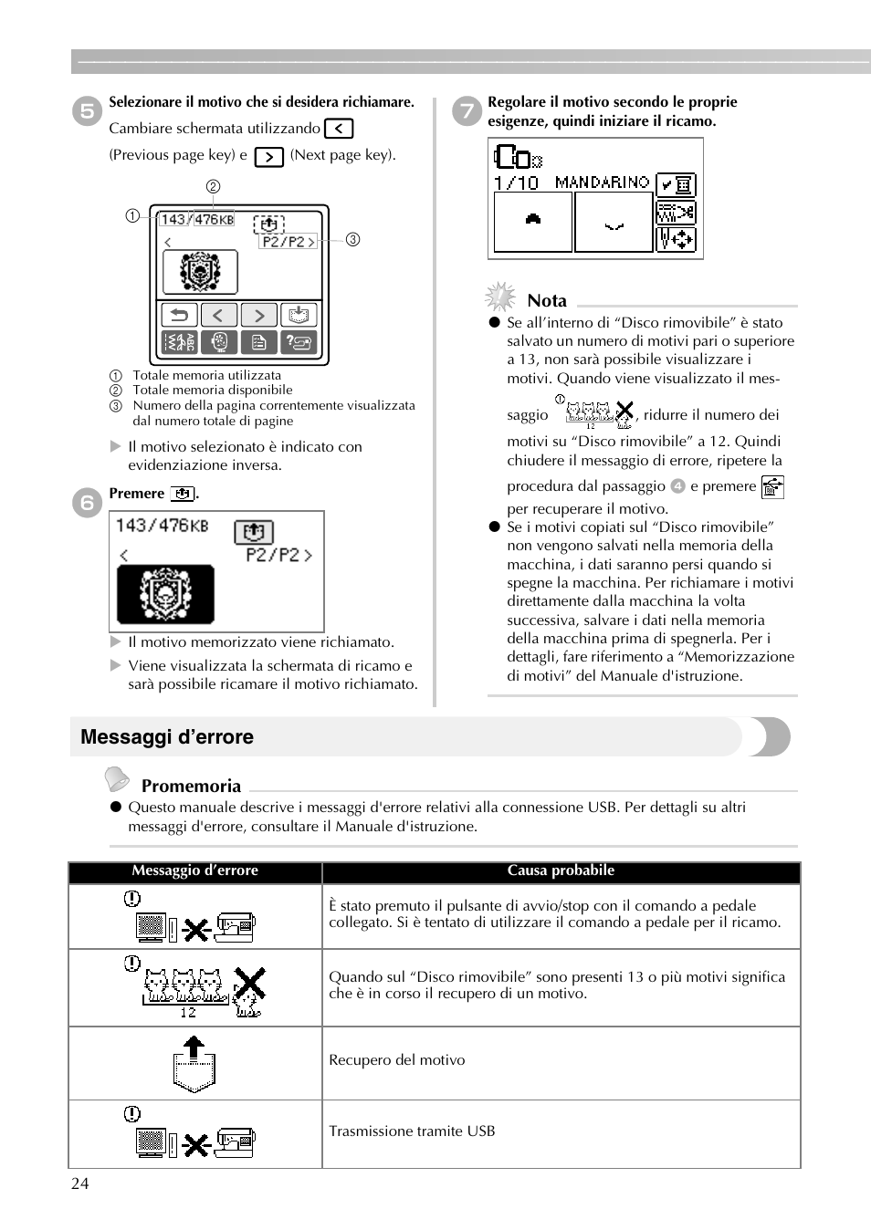 Messaggi d’errore, Nota | Brother PE-700II 750DUSB User Manual | Page 26 / 40