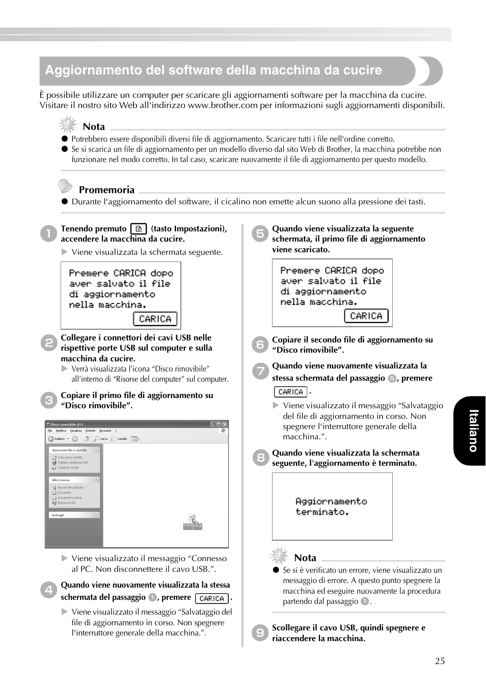 Italian o, Nota | Brother PE-700II 750DUSB User Manual | Page 27 / 40