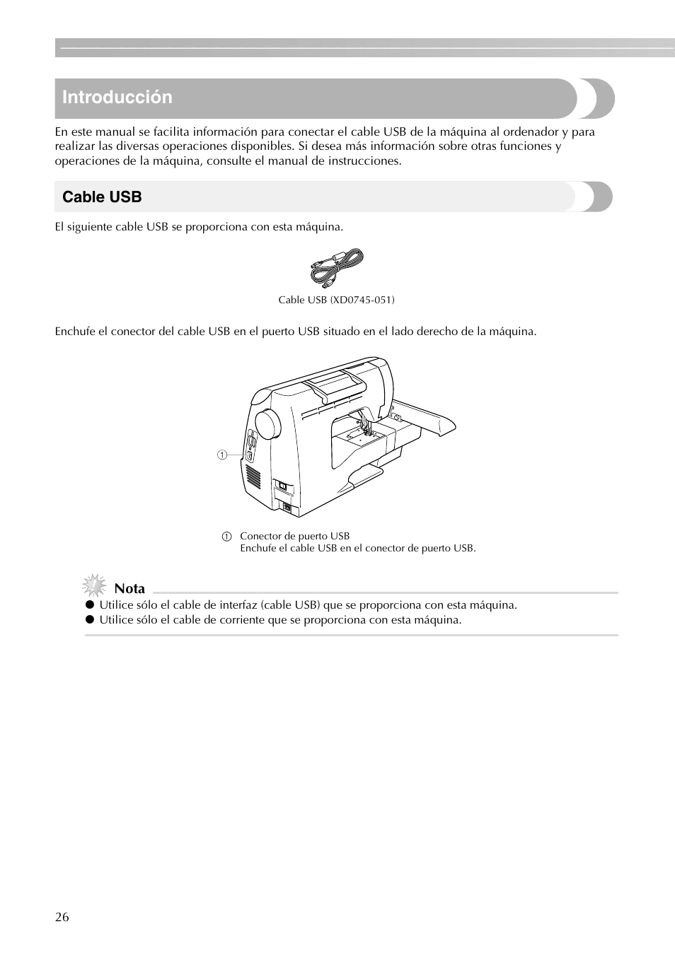 Introducción, Cable usb | Brother PE-700II 750DUSB User Manual | Page 28 / 40