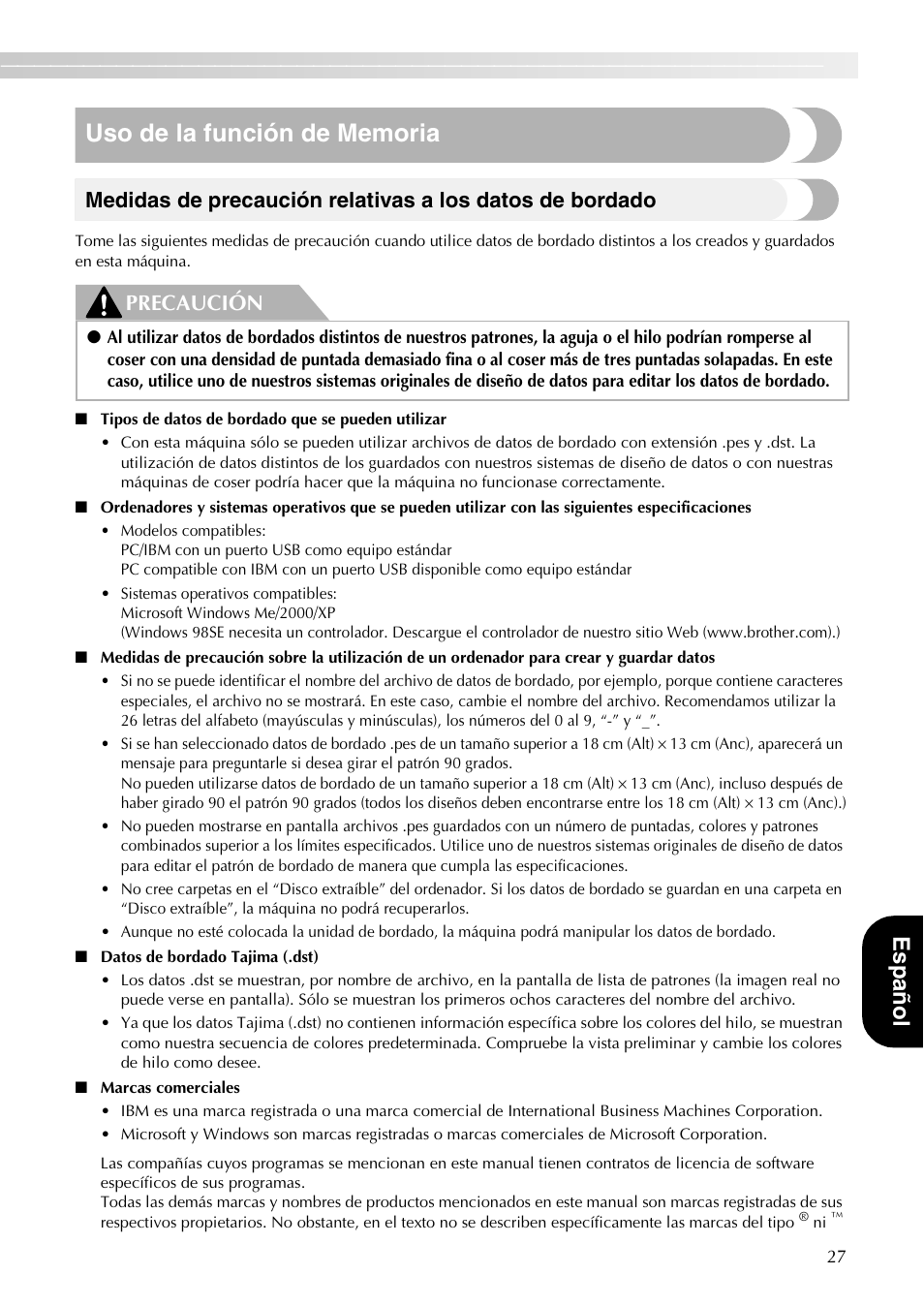 Españo l, Precaución | Brother PE-700II 750DUSB User Manual | Page 29 / 40