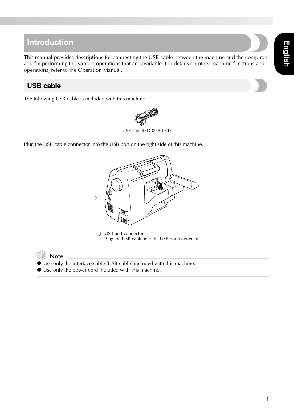 Introduction, Engl ish, Usb cable | Brother PE-700II 750DUSB User Manual | Page 3 / 40