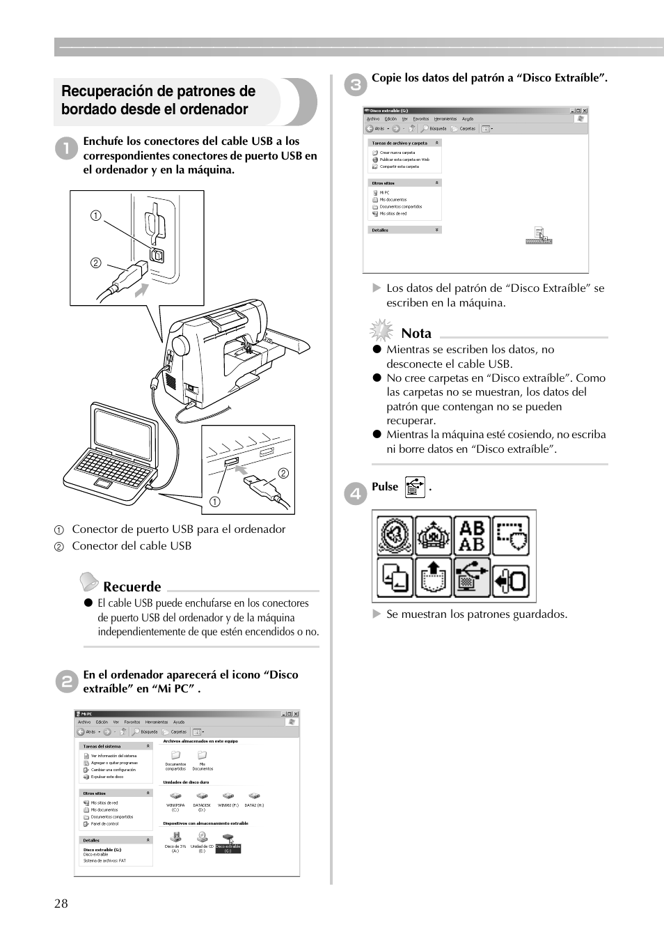 Recuerde, Nota | Brother PE-700II 750DUSB User Manual | Page 30 / 40