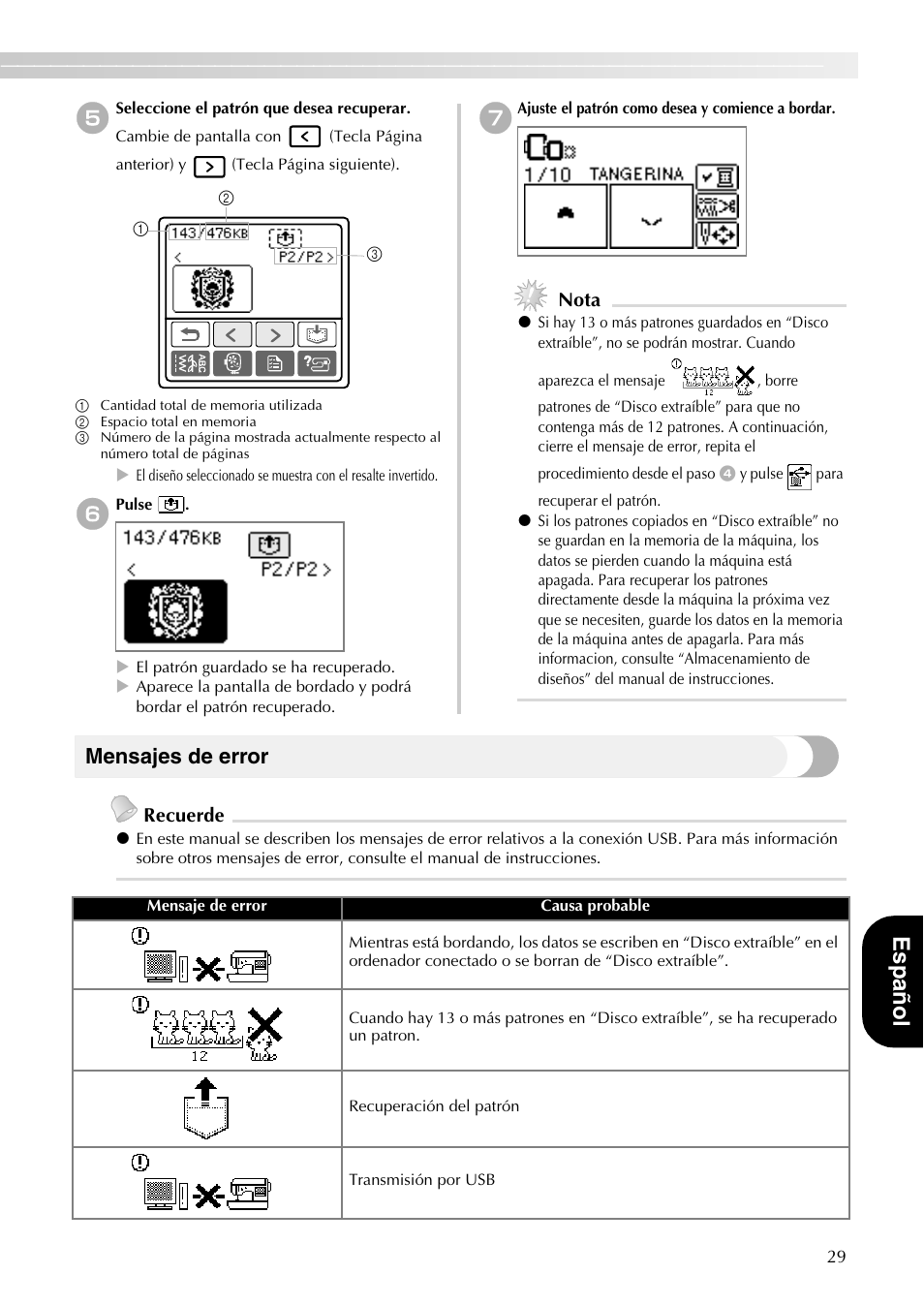 Españo l, Mensajes de error, Nota | Recuerde | Brother PE-700II 750DUSB User Manual | Page 31 / 40