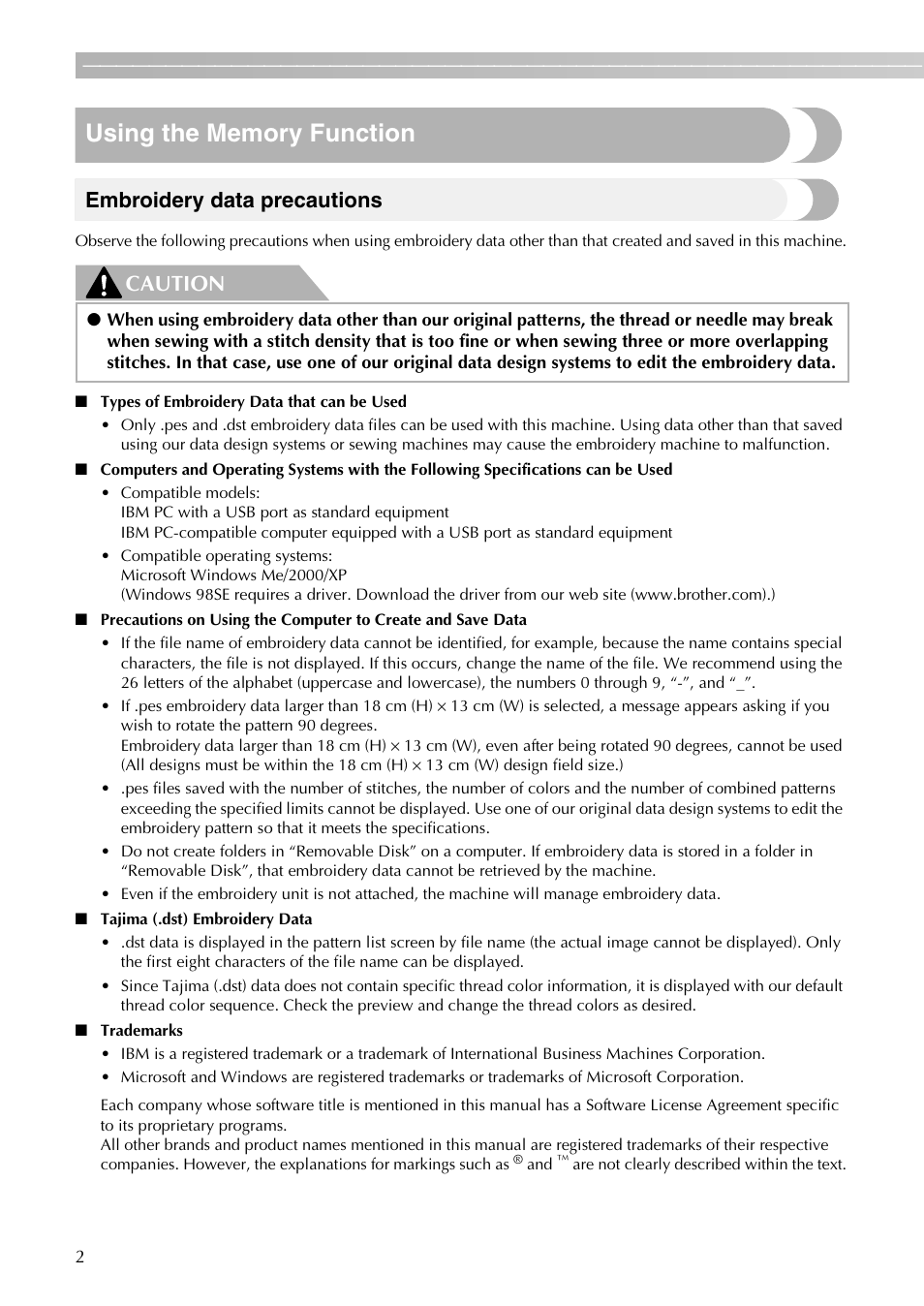 Embroidery data precautions, Caution | Brother PE-700II 750DUSB User Manual | Page 4 / 40