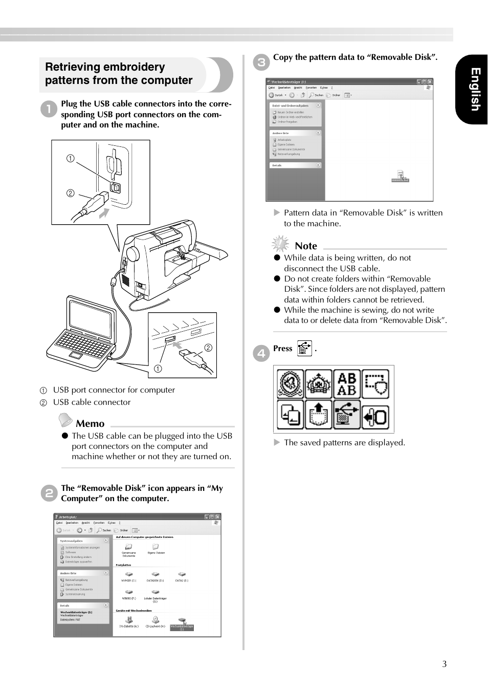 Engl ish, Retrieving embroidery patterns from the computer | Brother PE-700II 750DUSB User Manual | Page 5 / 40