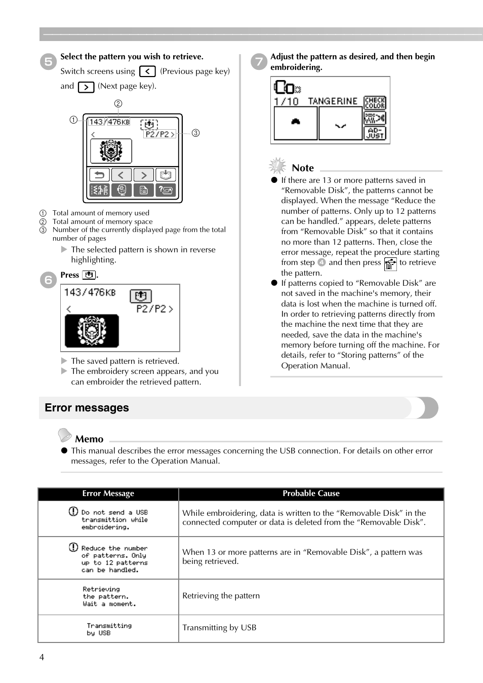 Error messages | Brother PE-700II 750DUSB User Manual | Page 6 / 40