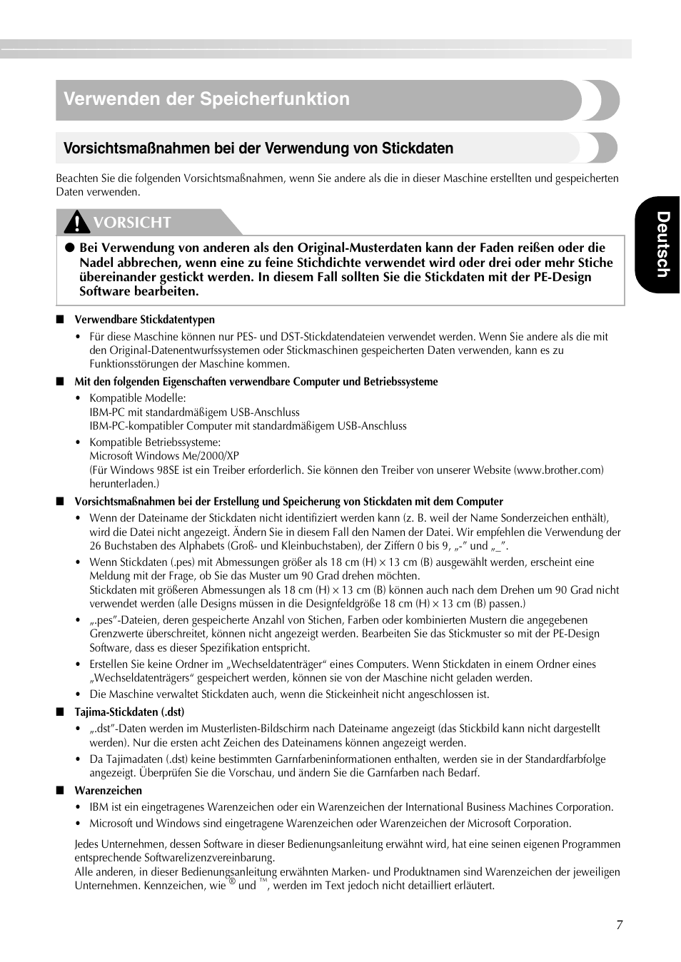 Verwenden der speicherfunktion, Deuts ch, Vorsicht | Brother PE-700II 750DUSB User Manual | Page 9 / 40