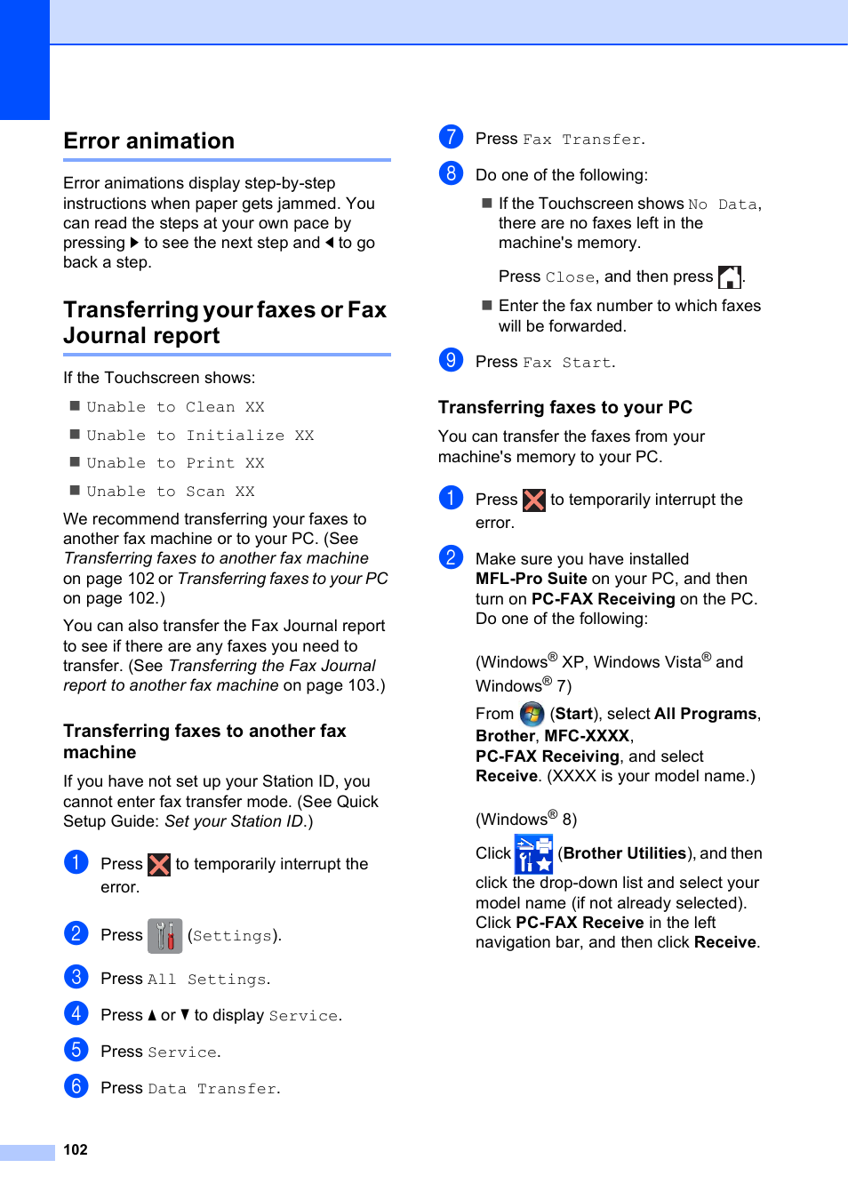 Error animation, Transferring your faxes or fax journal report, Transferring faxes to another fax machine | Transferring faxes to your pc | Brother MFC-J650DW User Manual | Page 116 / 203