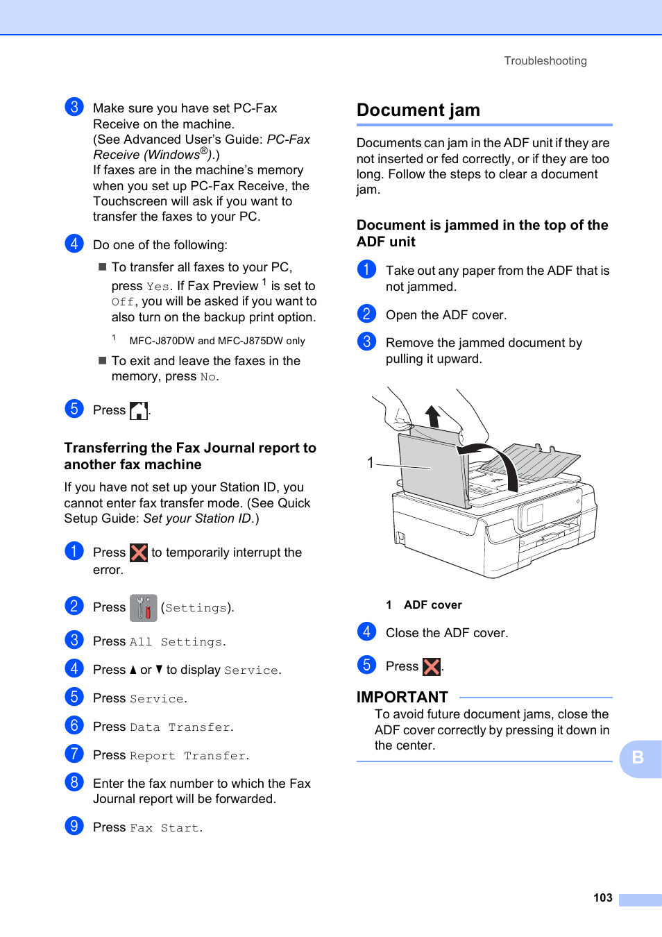 Document jam, Document is jammed in the top of the adf unit | Brother MFC-J650DW User Manual | Page 117 / 203
