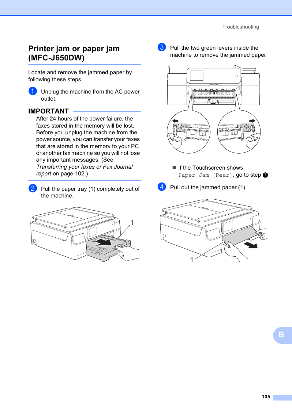 Printer jam or paper jam (mfc-j650dw), Bprinter jam or paper jam (mfc-j650dw), Important | Brother MFC-J650DW User Manual | Page 119 / 203