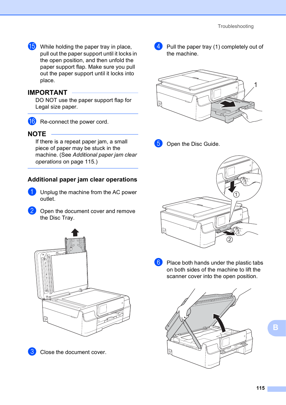 Additional paper jam clear operations, Important | Brother MFC-J650DW User Manual | Page 129 / 203