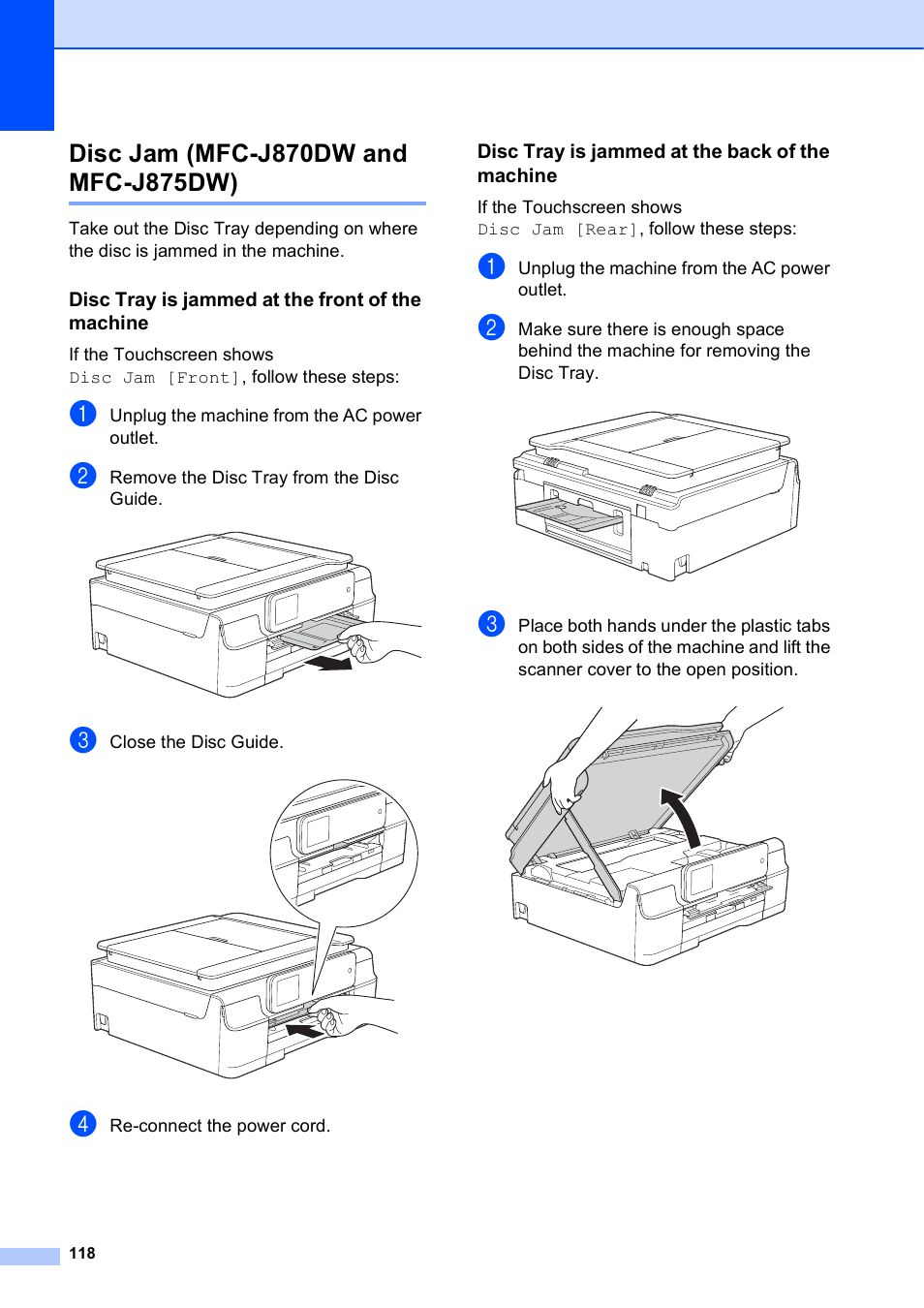 Disc jam (mfc-j870dw and mfc-j875dw), Disc tray is jammed at the front of the machine, Disc tray is jammed at the back of the machine | Brother MFC-J650DW User Manual | Page 132 / 203