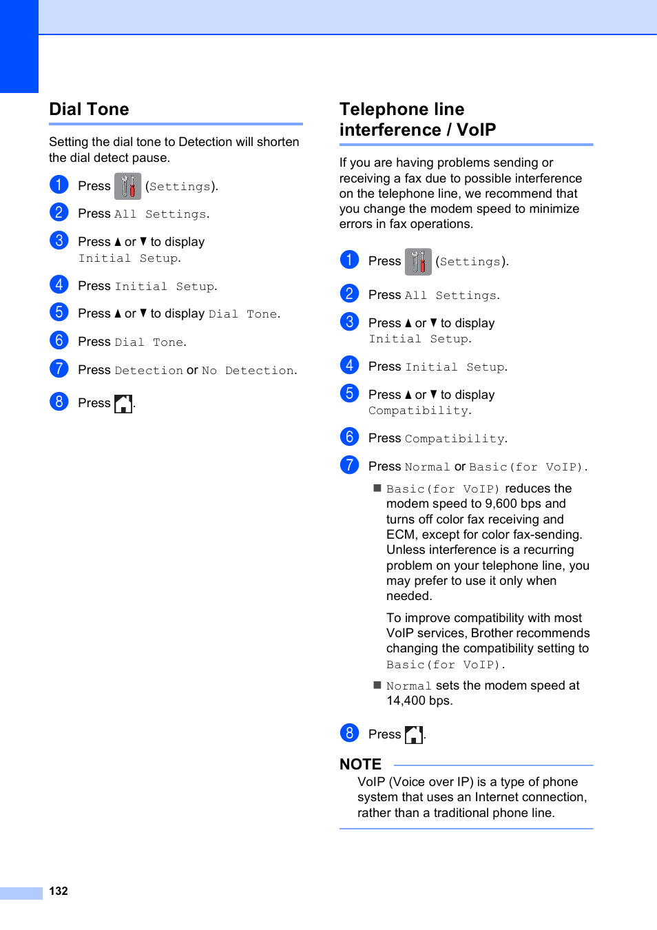 Dial tone, Telephone line interference / voip, Dial tone telephone line interference / voip | Brother MFC-J650DW User Manual | Page 146 / 203