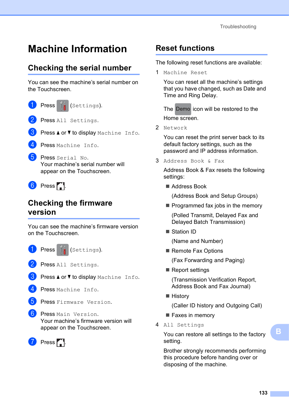 Machine information, Checking the serial number, Checking the firmware version | Reset functions | Brother MFC-J650DW User Manual | Page 147 / 203