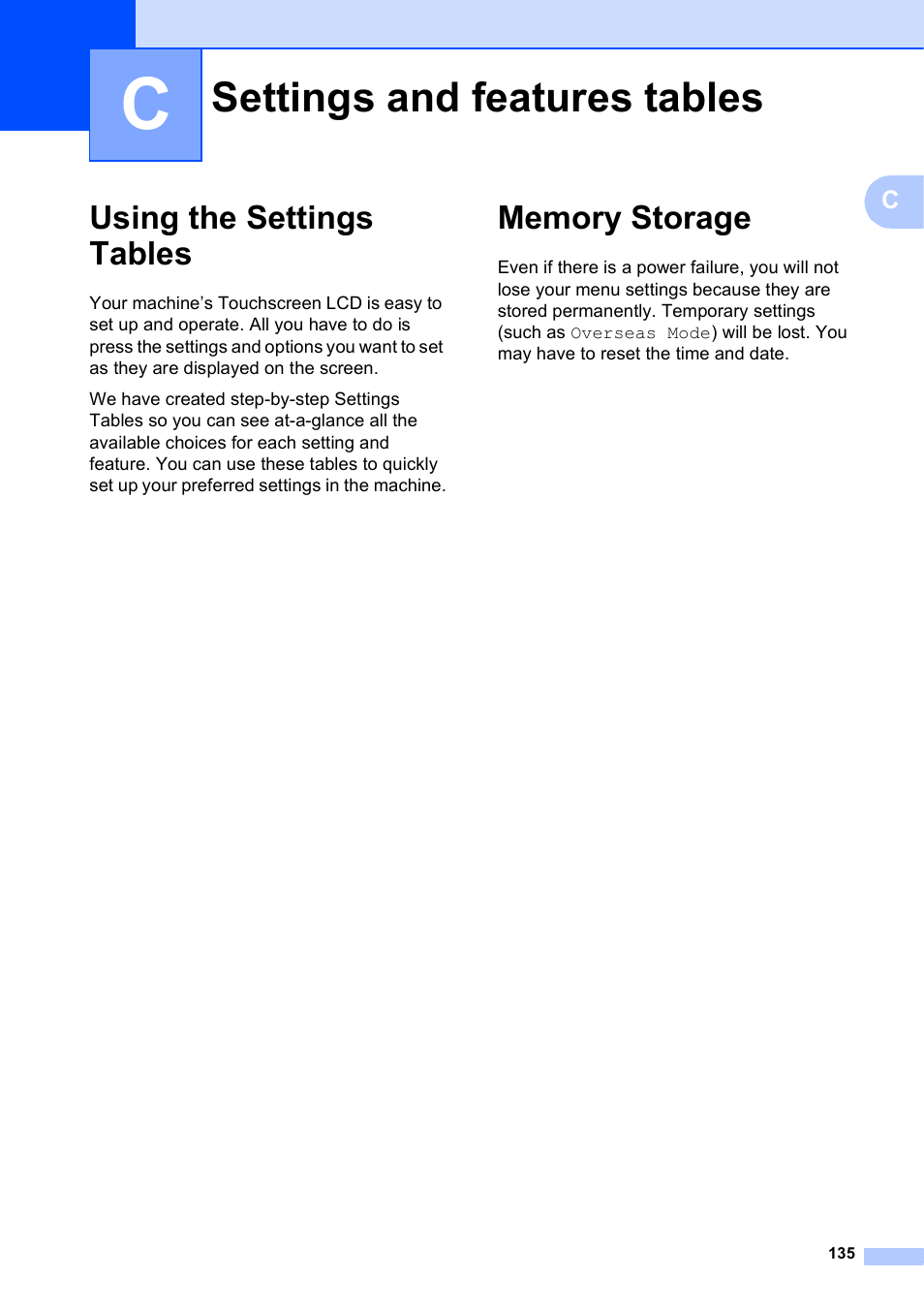 C settings and features tables, Using the settings tables, Memory storage | Settings and features tables, Using the settings tables memory storage | Brother MFC-J650DW User Manual | Page 149 / 203