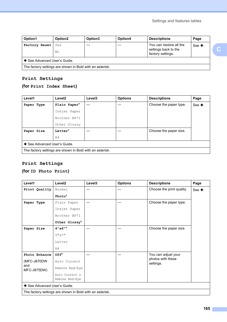 Print settings, For print index sheet), For id photo print) | Brother MFC-J650DW User Manual | Page 179 / 203